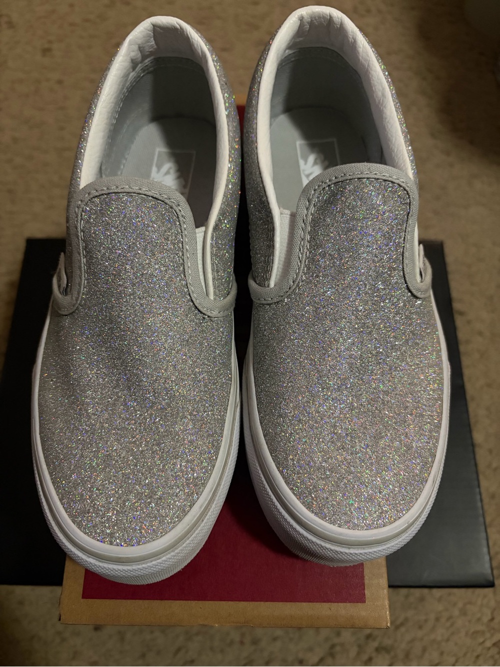 Vans Classic Girls' Slip-On Glitter Silver/True White Shoes, 2.5 (NWB)